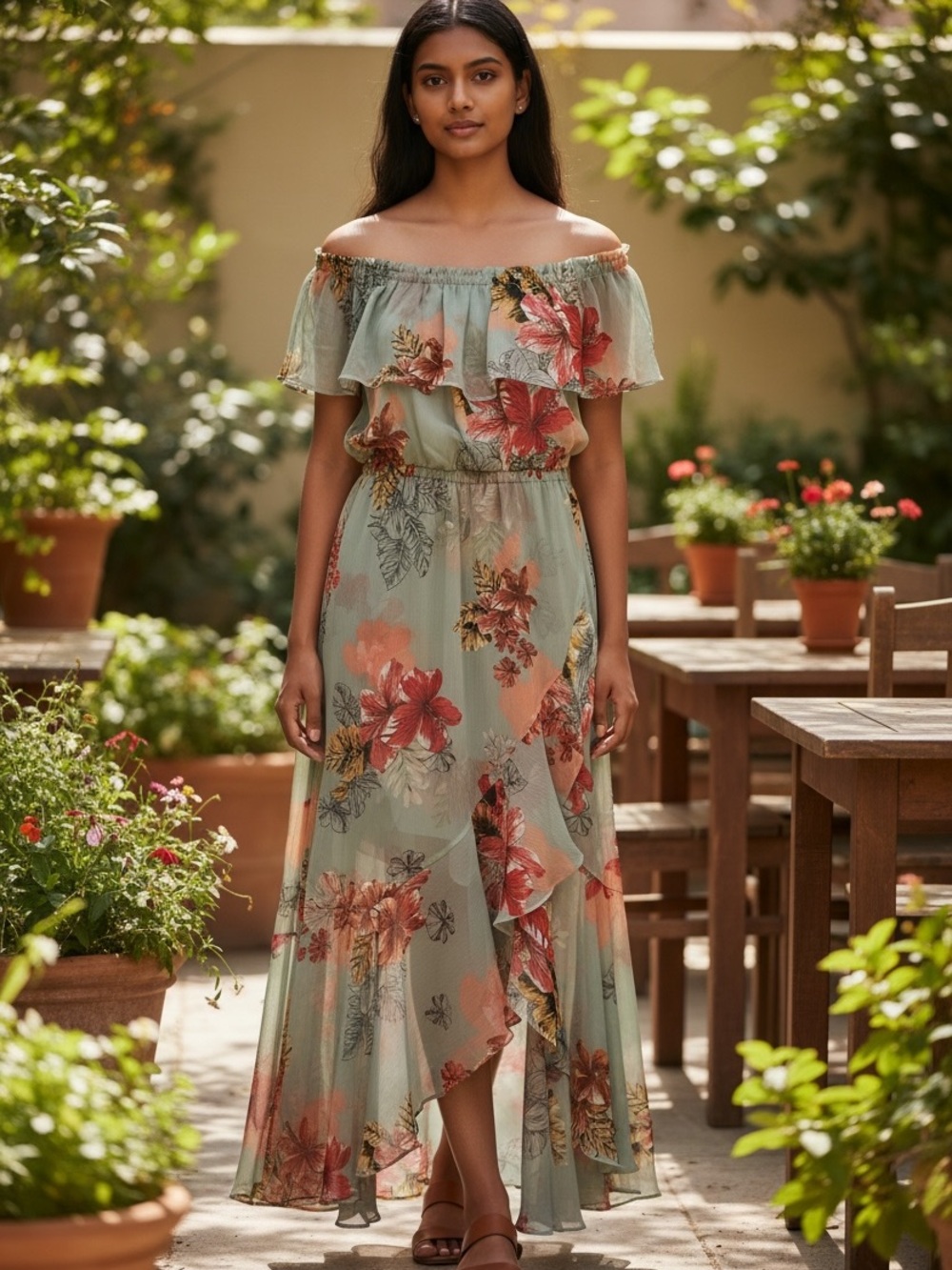 Express Off-Shoulder Floral Maxi Dress - Sage with Coral Floral